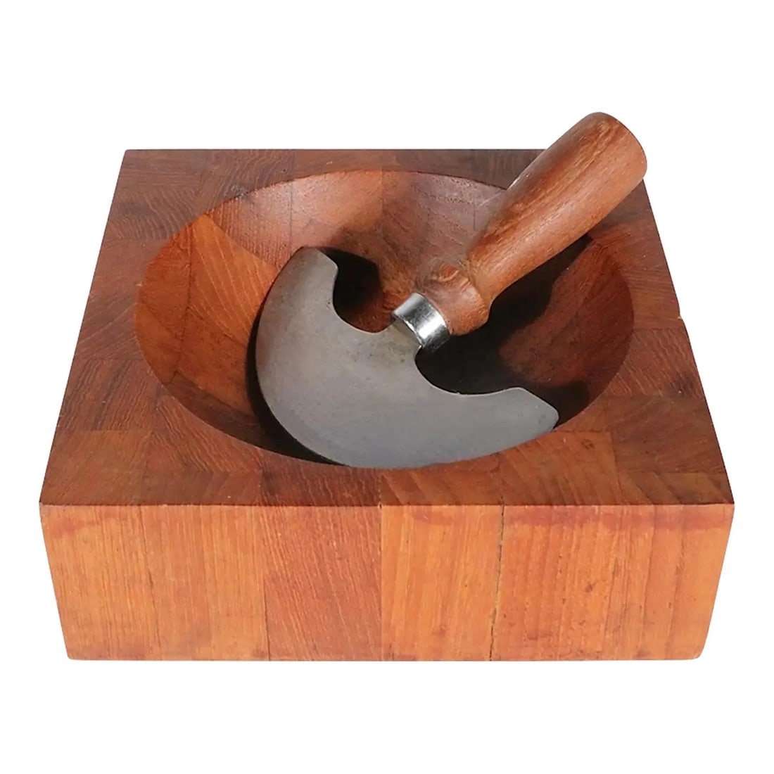 Ernest Sohn Mid Century Teak Bowl with Original Chop Knife: Ernest Sohn Mid Century Teak Bowl with Original Chop Knife This striking modernist bowl, crafted from solid teak blocks, showcases a unique design by Ernest Sohn. It comes with the original chop blade