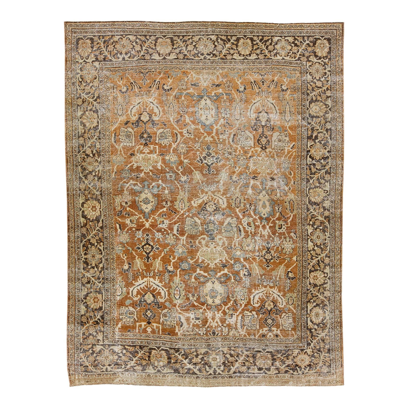 Antique Mahal Handmade Wool Rug 10'6 x 14 Floral Design Rust Color: Antique Mahal Handmade Wool Rug 10'6 x 14 Floral Design Rust Color Discover the charm of this exquisite Antique Mahal hand-knotted wool rug, featuring a rich rust-colored field complemented by a brown