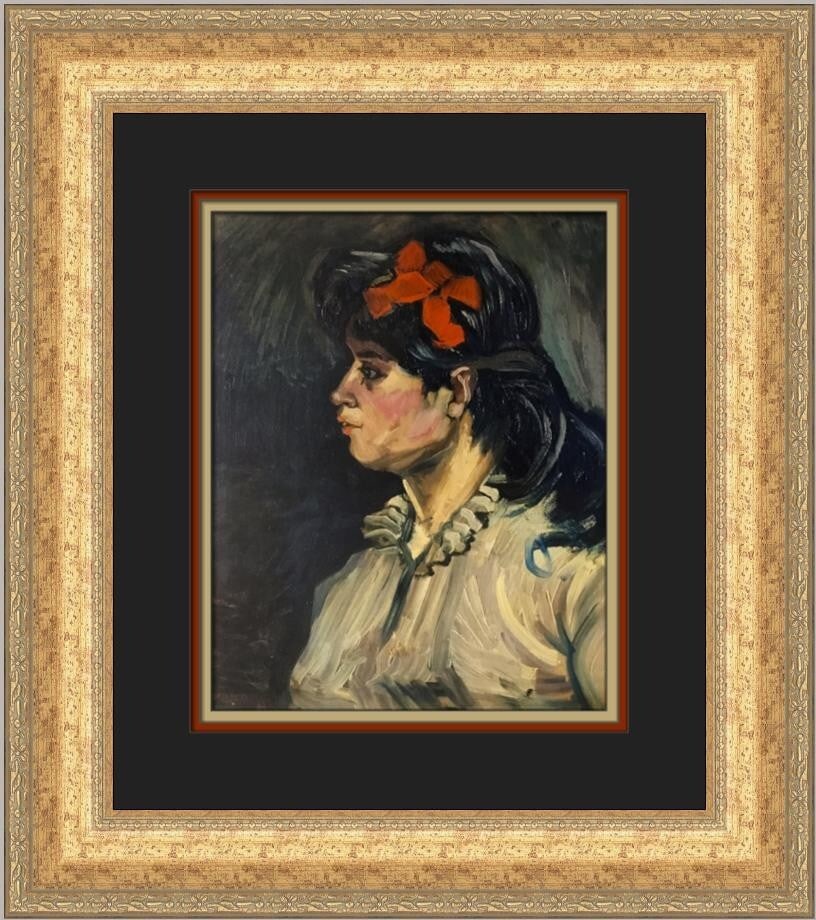 Vincent Van Gogh Young Woman with Red Bow Custom Framed Art Print: Vincent Van Gogh Young Woman with Red Bow Custom Framed Art Print This stunning custom framed print features Vincent Van Gogh's artwork titled 'Young Woman with a Red Bow'. Measuring 18 inches in heig