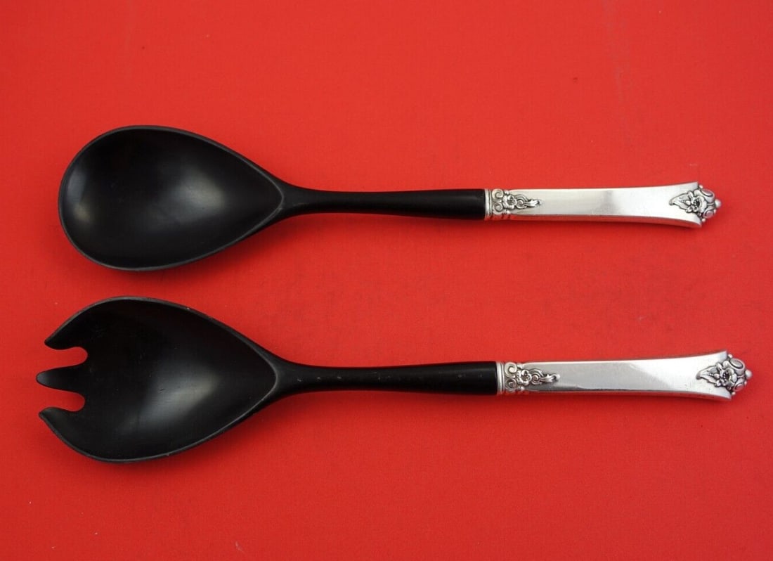 Royal Crest Castle Rose Sterling Silver Salad Serving Set 2pc with Black Nylon: Royal Crest Castle Rose Sterling Silver Salad Serving Set 2pc with Black Nylon Elevate your dining experience with this exquisite 2-piece Castle Rose Salad Serving Set by Royal Crest. Crafted from hig