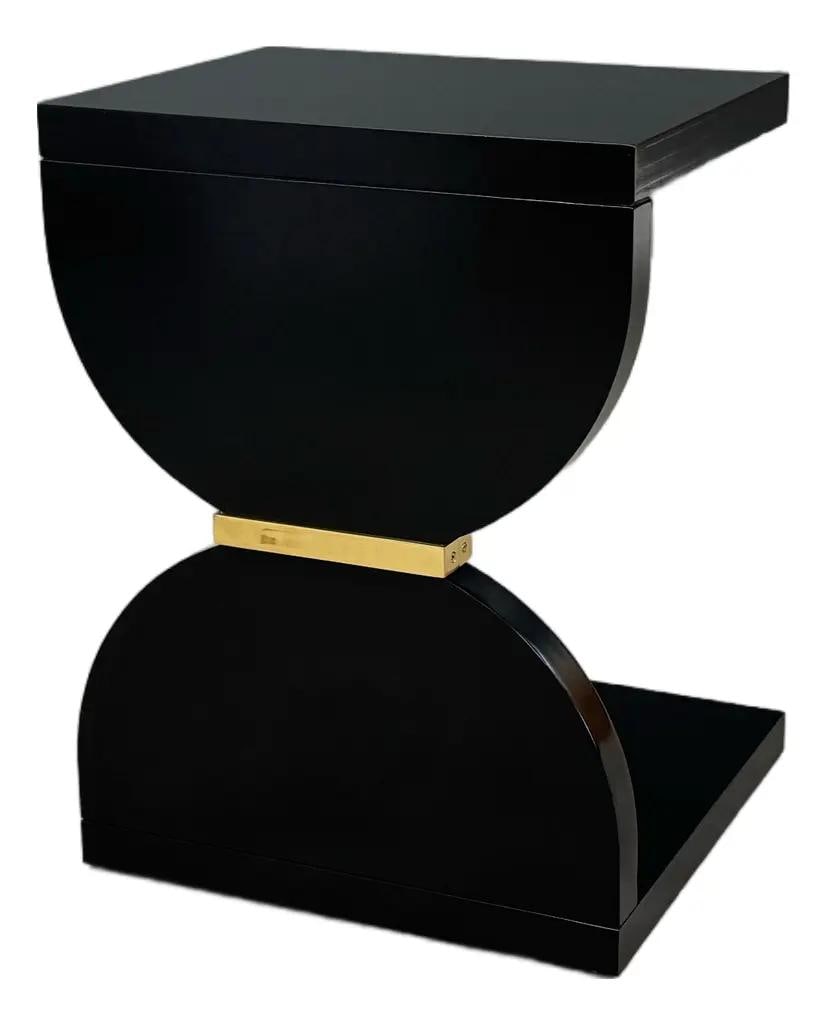 J. Banks Blake Modern Black Lacquer Side Table 2022: J. Banks Blake Modern Black Lacquer Side Table 2022 This modern Blake occasional end table features a sleek black lacquer finish and is expertly crafted from solid maple, accented by polished brass de