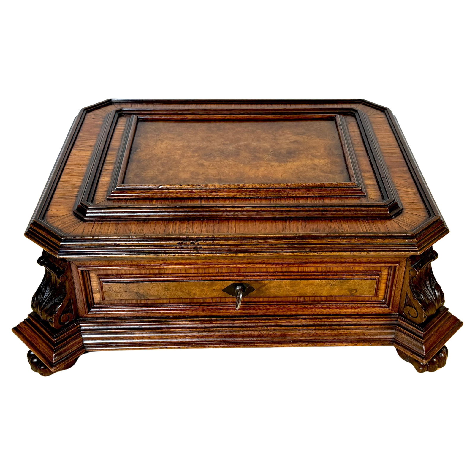 Napoleon III Exotic Burlwood Jewelry Table Box France 1870s: Napoleon III Exotic Burlwood Jewelry Table Box France 1870s This exquisite Napoleon III exotic burlwood jewelry/table box from France, circa 1870s, showcases the unique craftsmanship of the 19th centu