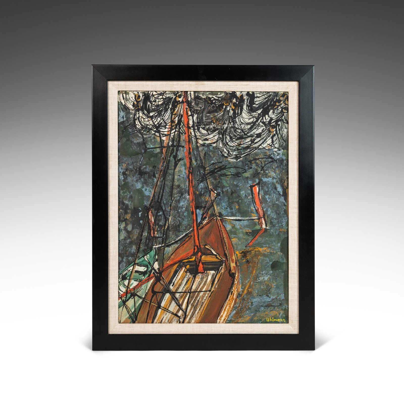 Mid Century Modern 'Storm Incoming' Oil Painting by Ulhmann 1960s Germany: Mid Century Modern 'Storm Incoming' Oil Painting by Ulhmann 1960s Germany Experience the essence of mid-century modern art with this 'Storm Incoming' oil painting by Ulhmann, crafted in Germany during