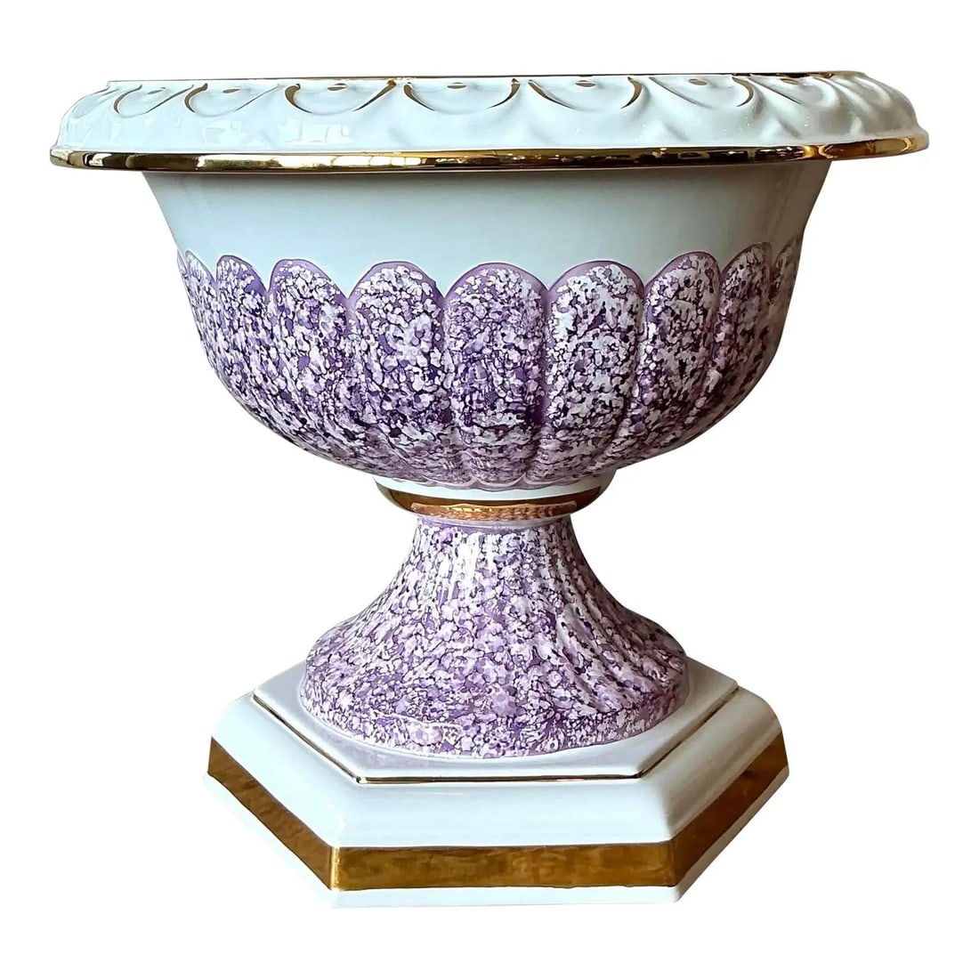 Italian Ceramic Neoclassical Urn Centerpiece With Gold Accents 16 Inch Diameter: Italian Ceramic Neoclassical Urn Centerpiece With Gold Accents 16 Inch Diameter This vintage Italian centerpiece bowl features a classic Neoclassical campana urn silhouette, crafted from lustrous whit