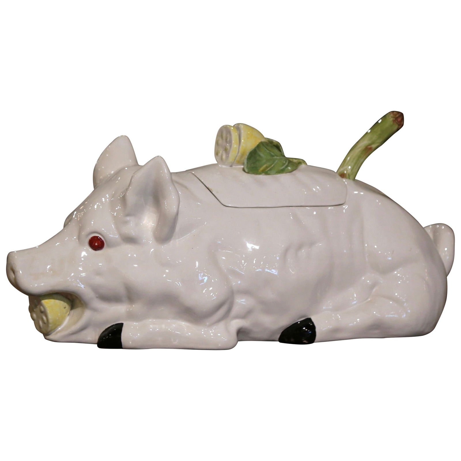 Italian Pig-Shaped Majolica Soup Tureen with Lid and Asparagus Ladle: Italian Pig-Shaped Majolica Soup Tureen with Lid and Asparagus Ladle This vintage Italian Majolica porcelain soup tureen features a charming pig-shaped design, crafted and hand-painted in Italy circa