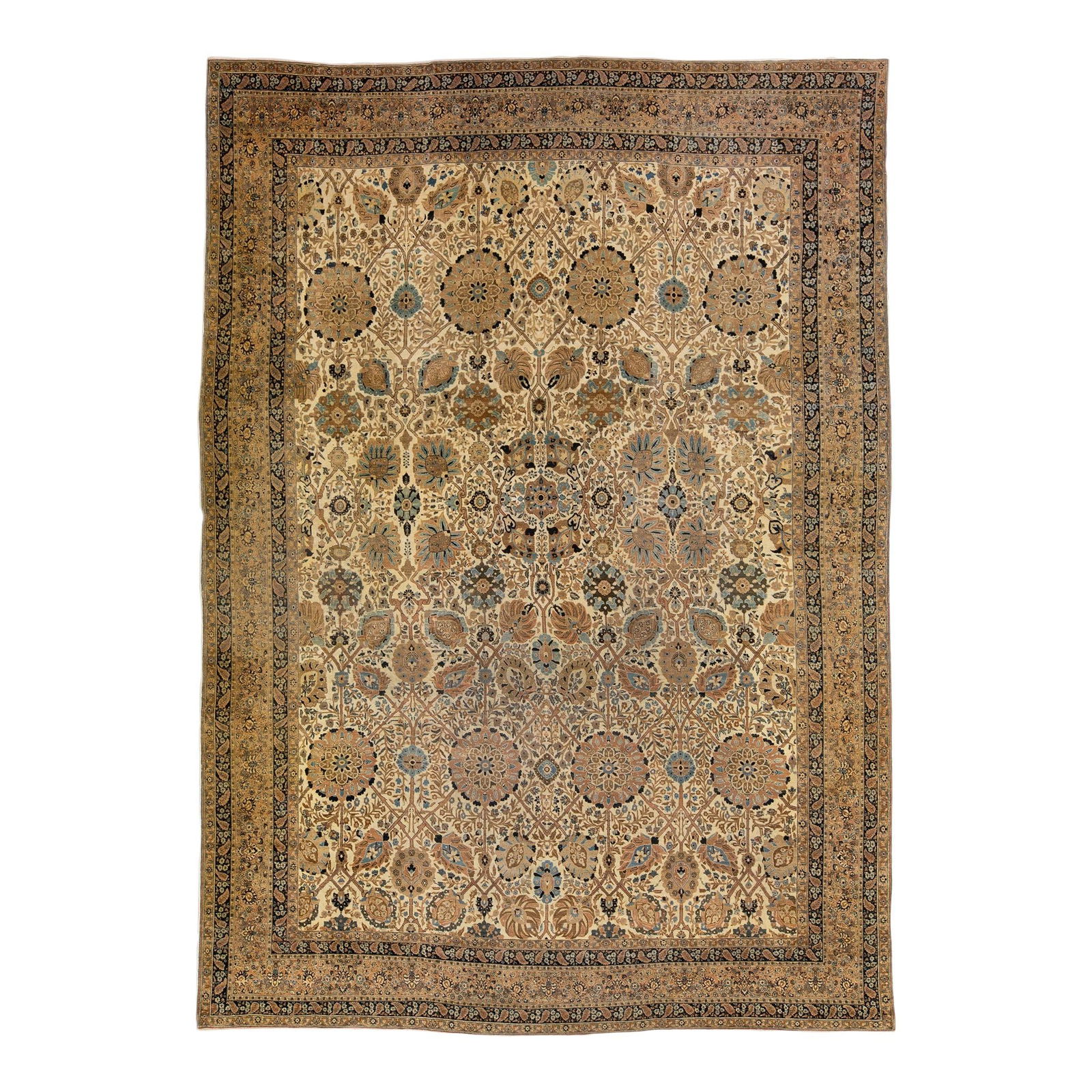 Antique Persian Tabriz Handmade Wool Rug 12'6 x 17'6 Beige Floral Design: Antique Persian Tabriz Handmade Wool Rug 12'6 x 17'6 Beige Floral Design This exquisite antique Persian Tabriz rug is meticulously hand-knotted from high-quality wool, featuring a soft beige field ado