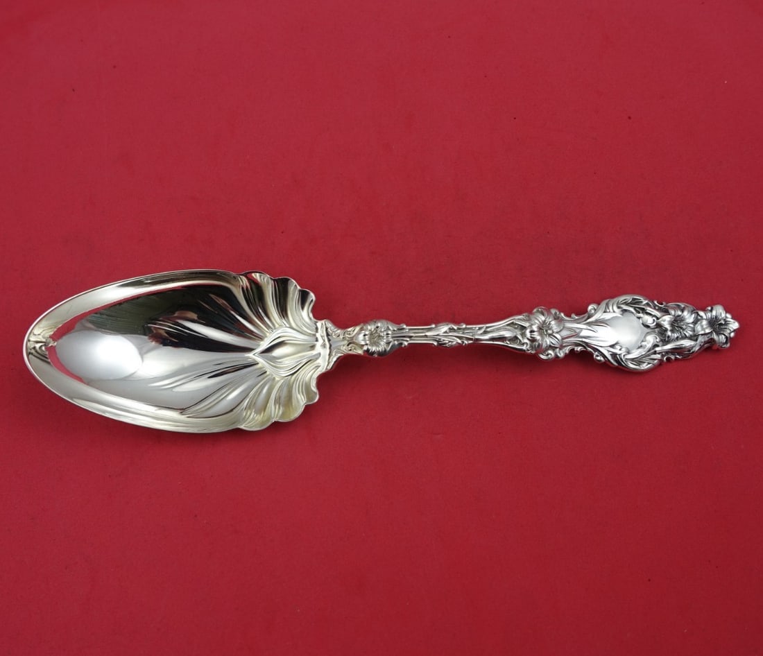 Whiting Lily Sterling Silver Salad Serving Spoon 9 Inch Antique: Whiting Lily Sterling Silver Salad Serving Spoon 9 Inch Antique This exquisite 9" salad serving spoon is crafted from sterling silver and features the elegant Lily pattern by Whiting. Made between 190