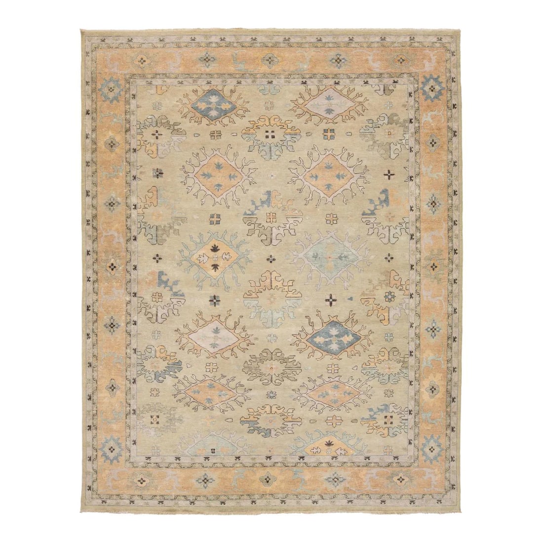Handmade Floral Pattern Beige Wool Oushak Style Rug 12'2 x 15'3: Handmade Floral Pattern Beige Wool Oushak Style Rug 12'2 x 15'3 Enhance your living space with this stunning Contemporary Oushak Style Wool Rug, expertly hand-knotted to combine modern aesthetics with