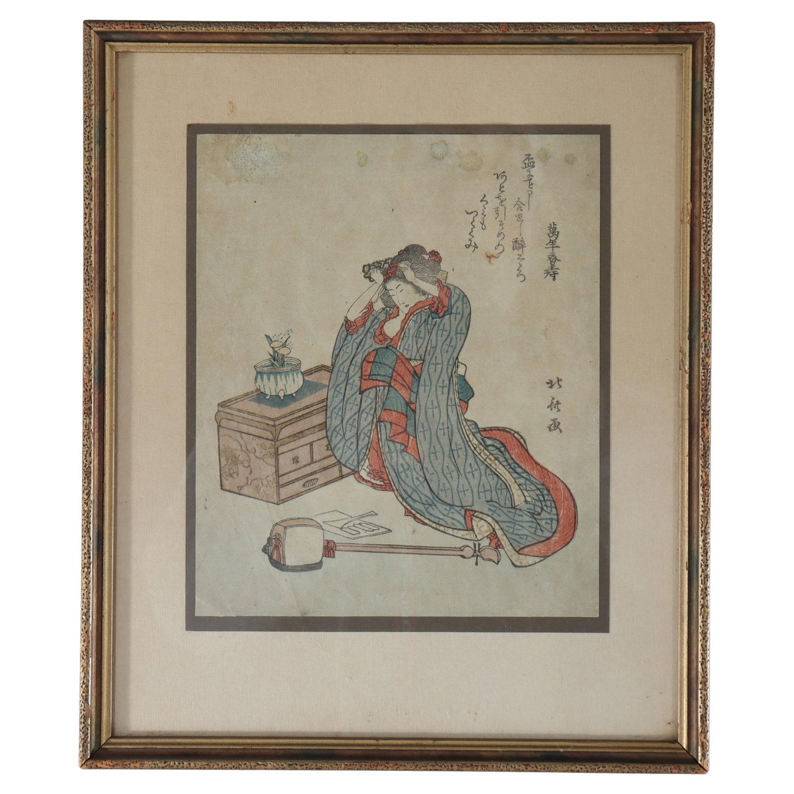 19th Century Hokusai Wood Block Print Woman Doing Her Hair: 19th Century Hokusai Wood Block Print Woman Doing Her Hair This exquisite antique Japanese woodblock print, titled 'Woman Doing Her Hair,' is attributed to the renowned artist Katsushika Hokusai, a ke
