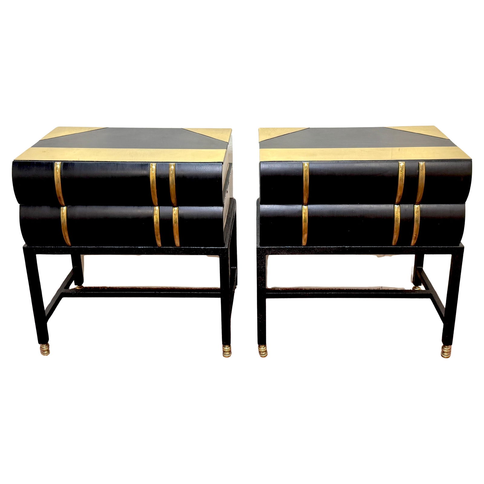 1960s Hart Associates Brass-Mounted Wood Iron Stacked Book End Tables Set of 2: 1960s Hart Associates Brass-Mounted Wood Iron Stacked Book End Tables Set of 2 This striking pair of 1960s Brass-Mounted Wood & Iron Stacked Book End Tables, attributed to Hart Associates, offers a un
