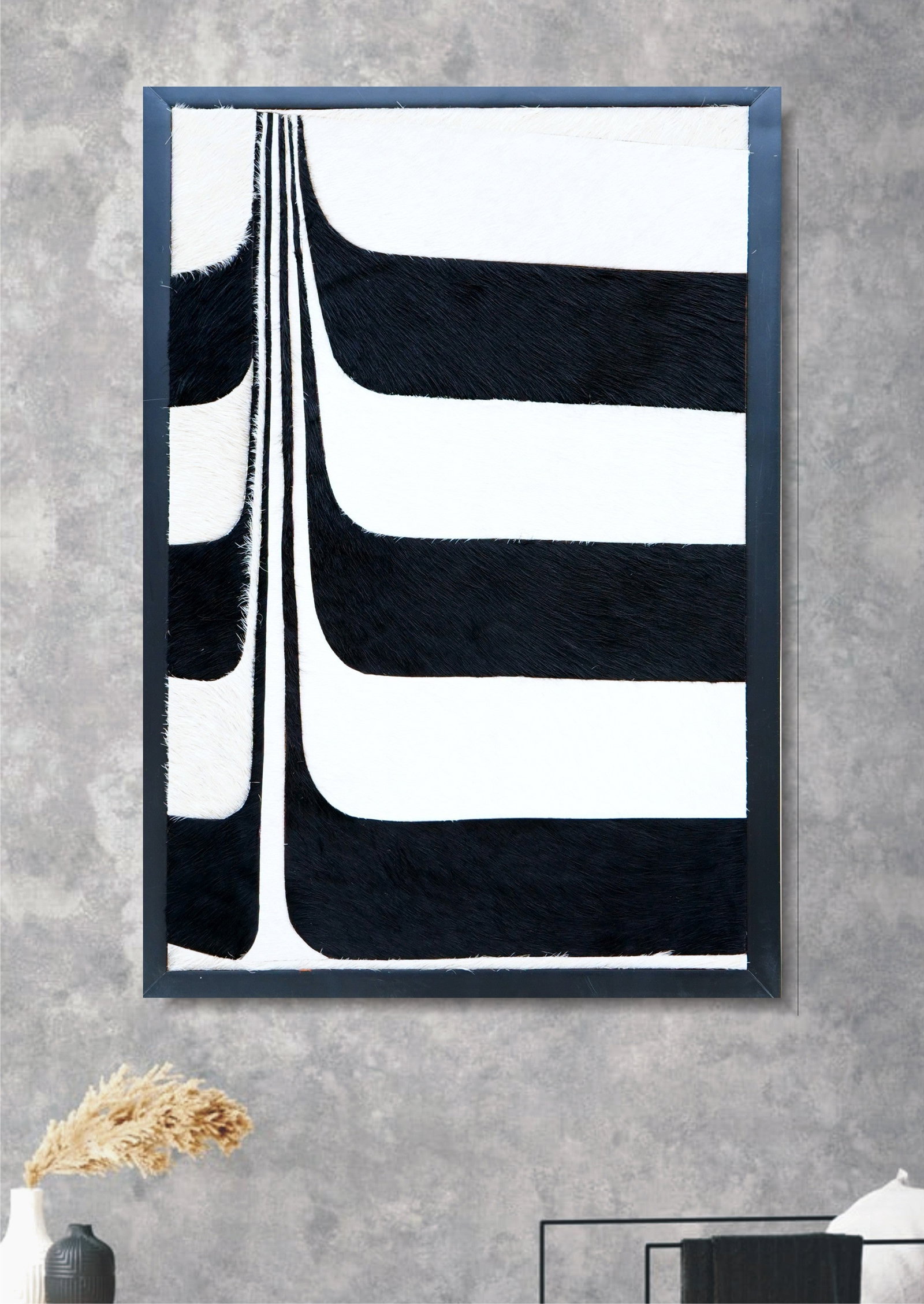 Handcrafted Abstract Black and White Cowhide Mosaic Wall Art 12in x 12in: Handcrafted Abstract Black and White Cowhide Mosaic Wall Art 12in x 12in Free continental US Shipping This abstract wall art features a handcrafted mosaic design made from precision-cut genuine cowhid