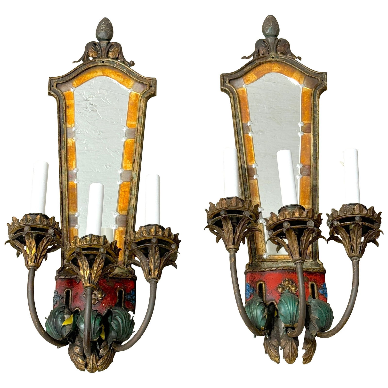 Pair of Vintage 1925 Venetian Eglomise Mirrors with Polychromed Sconces: Pair of Vintage 1925 Venetian Eglomise Mirrors with Polychromed Sconces This exquisite pair of Venetian-style wall sconces from circa 1925 epitomizes Italian elegance and craftsmanship. Each sconce st