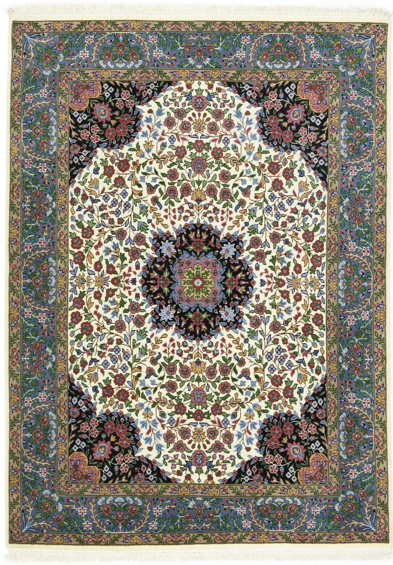 Handmade Floral Kirman Area Rug 5X7 ft Wool Cream Blue Vintage Style: Handmade Floral Kirman Area Rug 5X7 ft Wool Cream Blue Vintage Style Enhance your space with this exquisite Handmade Vintage Style Floral Kirman Rug, featuring a beautiful blend of cream, blue, beige,