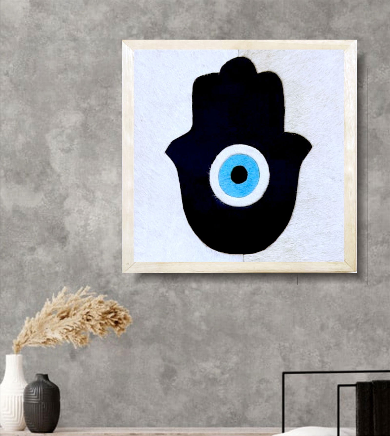 Handcrafted Cowhide Mosaic Wall Art Hamsa Nazar Blue Evil Eye Protection 12x12: Handcrafted Cowhide Mosaic Wall Art Hamsa Nazar Blue Evil Eye Protection 12x12 Free continental US Shipping This handcrafted mosaic wall art features a Hamsa Nazar motif, symbolizing blessings, streng