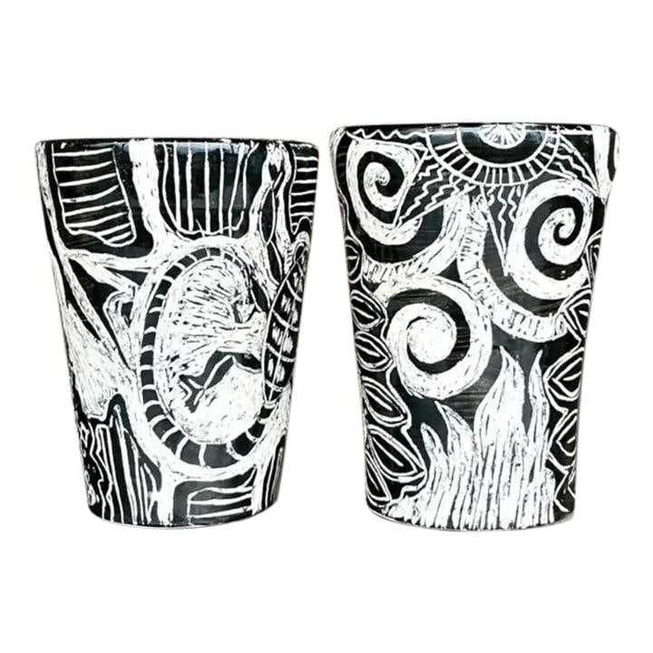 Set of 2 Vintage Boho Hand Painted Pottery Figurative Vases: Set of 2 Vintage Boho Hand Painted Pottery Figurative Vases Elevate your home decor with this charming set of 2 vintage Boho hand-painted studio pottery figurative vases. Each piece showcases unique a