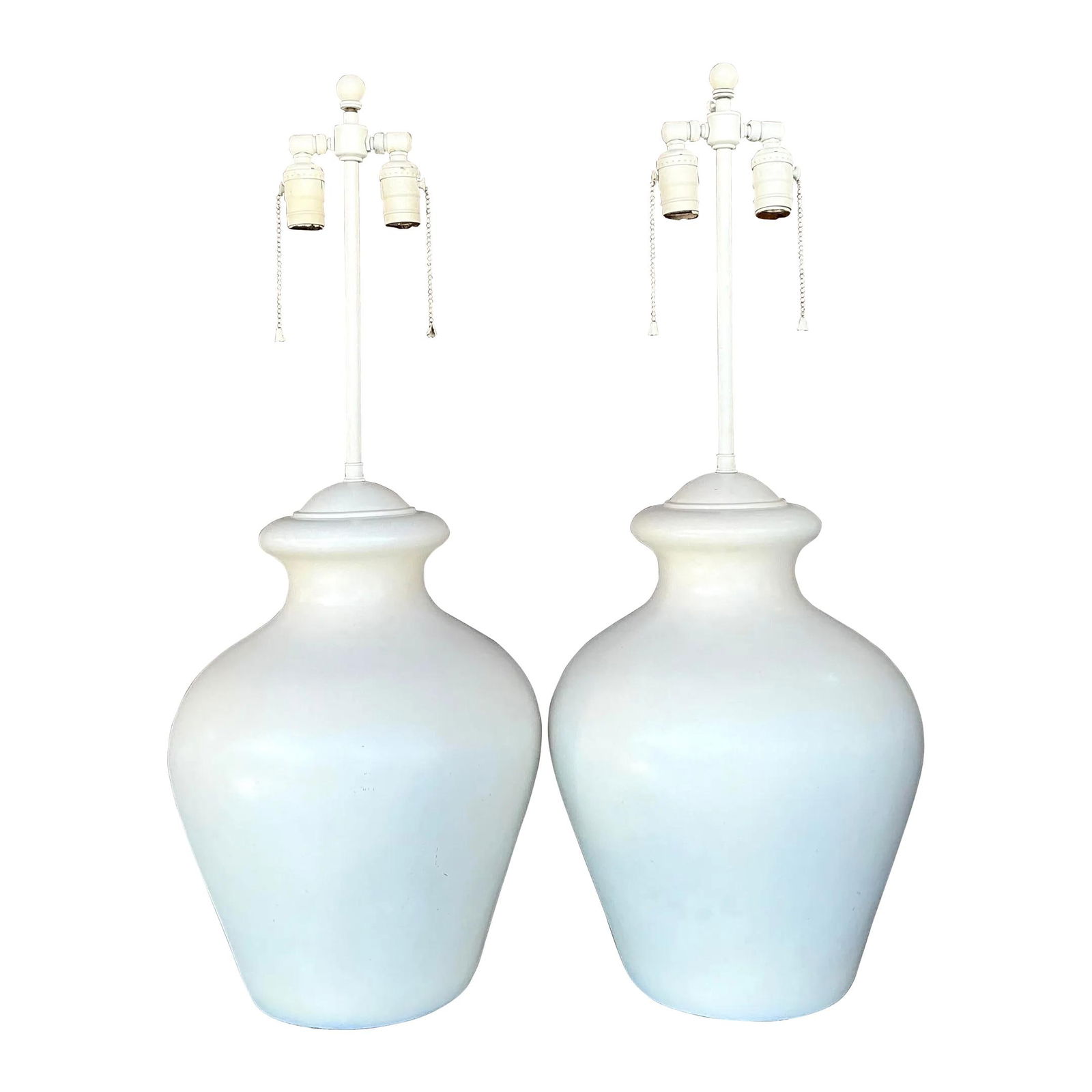 Pair of Vintage Boho Glazed Ceramic Lamps Off-White 30 Inch: Pair of Vintage Boho Glazed Ceramic Lamps Off-White 30 Inch Enhance your living space with this stunning pair of vintage boho glazed ceramic lamps. With a gracefully sculpted, vase-like silhouette and