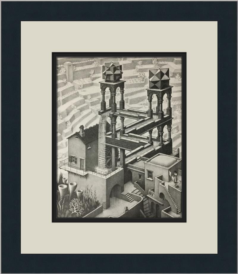M.C. Escher Waterfall Custom Framed Print 1974 Abstract Art: M.C. Escher Waterfall Custom Framed Print 1974 Abstract Art This stunning custom framed print features the iconic artwork "Waterfall" by M.C. Escher, created in 1974. The piece showcases Escher's uniq