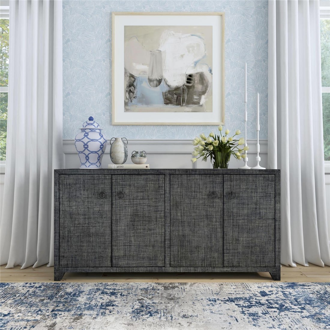 Butler French Style Charcoal Sideboard 70 Inch MDF Oak Veneer: Butler French Style Charcoal Sideboard 70 Inch MDF Oak Veneer This elegant Charcoal Sideboard from Butler Specialty is a perfect addition to your dining room or living space. Crafted from MDF with an