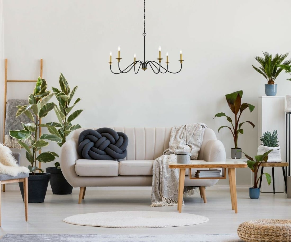 Rohan 42 Inch Brass and Black 6 Light Farmhouse Chandelier Ceiling Fixture: Rohan 42 Inch Brass and Black 6 Light Farmhouse Chandelier Ceiling Fixture This chandelier features a rustic farmhouse design with a black and brass metal frame in the style of wrought iron. It is equ