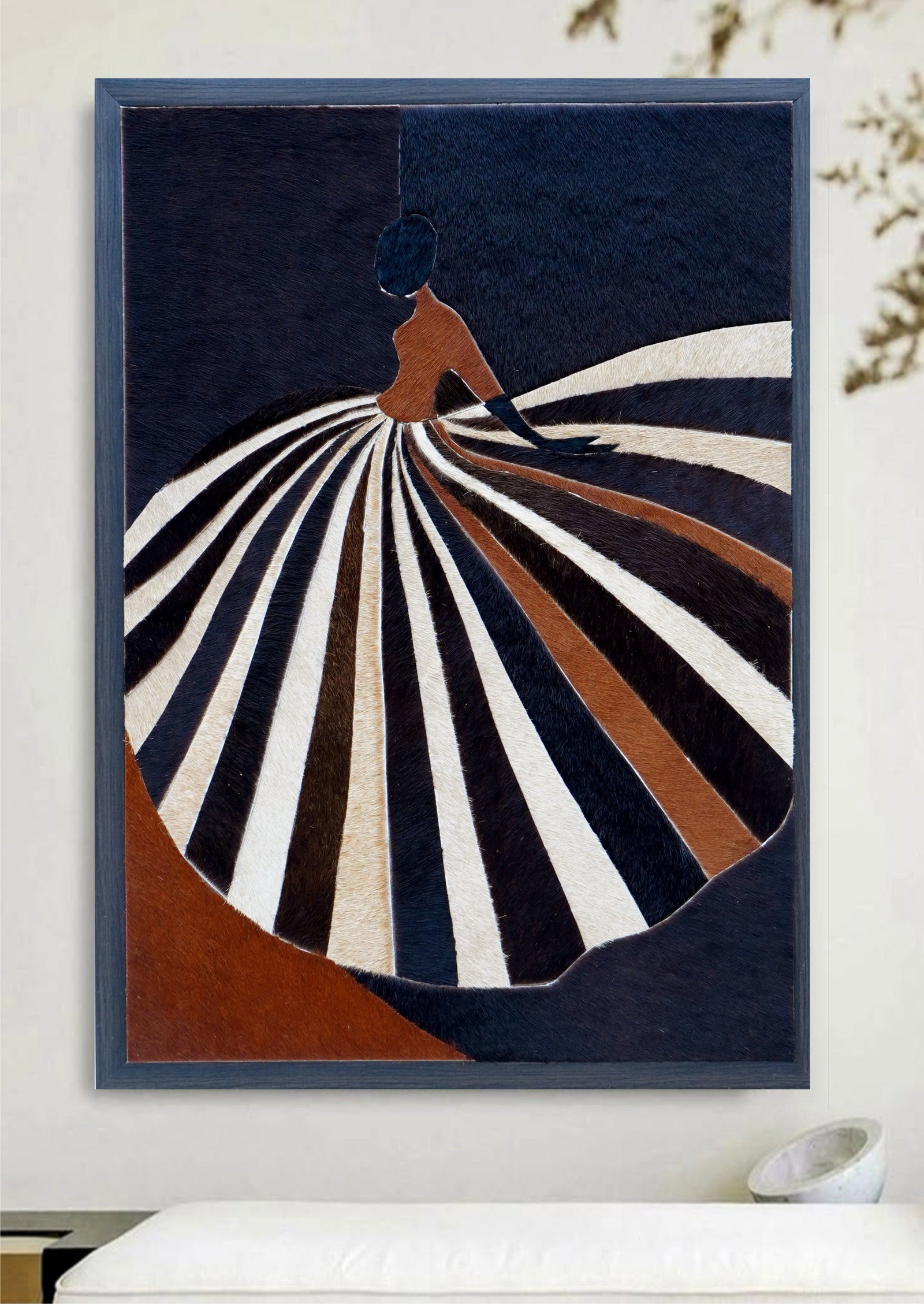 Handcrafted Striped Cowhide Mosaic Wall Art 12in x 12in: Handcrafted Striped Cowhide Mosaic Wall Art 12in x 12in Free continental US Shipping This mosaic wall art is expertly handcrafted from precisely cut strips of genuine cowhide, creating an elegant silh