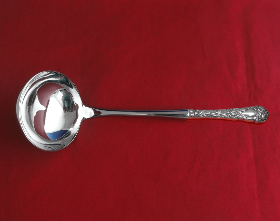 Durgin Chrysanthemum Sterling Silver Soup Ladle Custom Made 10 1/2 inch: Durgin Chrysanthemum Sterling Silver Soup Ladle Custom Made 10 1/2 inch Introducing the exquisite Chrysanthemum soup ladle by Durgin, crafted from high-quality sterling silver. This impressive piece f