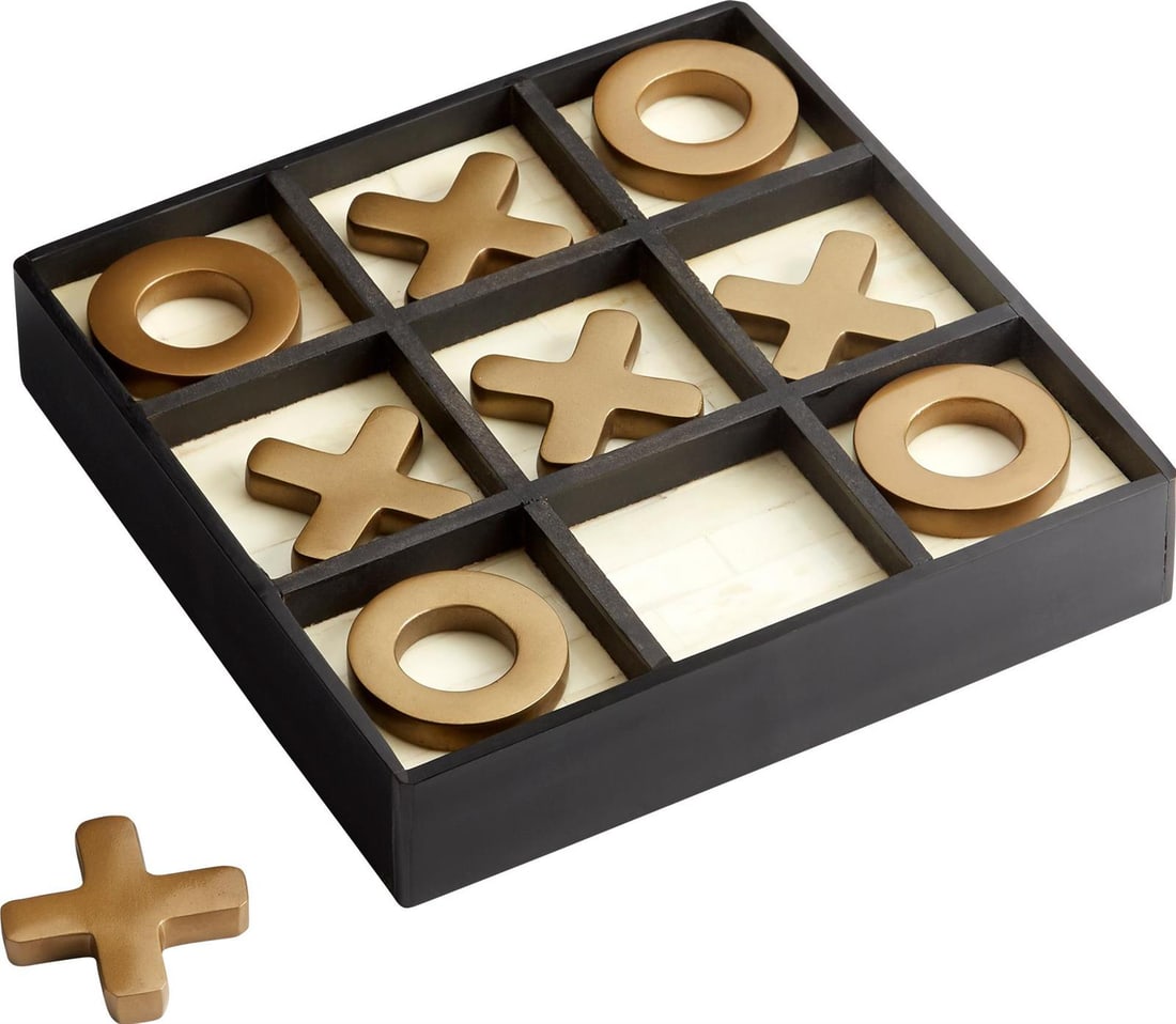 Cyan Tic-Tac-Glow Black Gold Sculpture Decorative Game: Cyan Tic-Tac-Glow Black Gold Sculpture Decorative Game This Elegant Tic-Tac-Toe Art piece showcases a striking combination of black, gold, and white finishes, making it a perfect decorative accent for