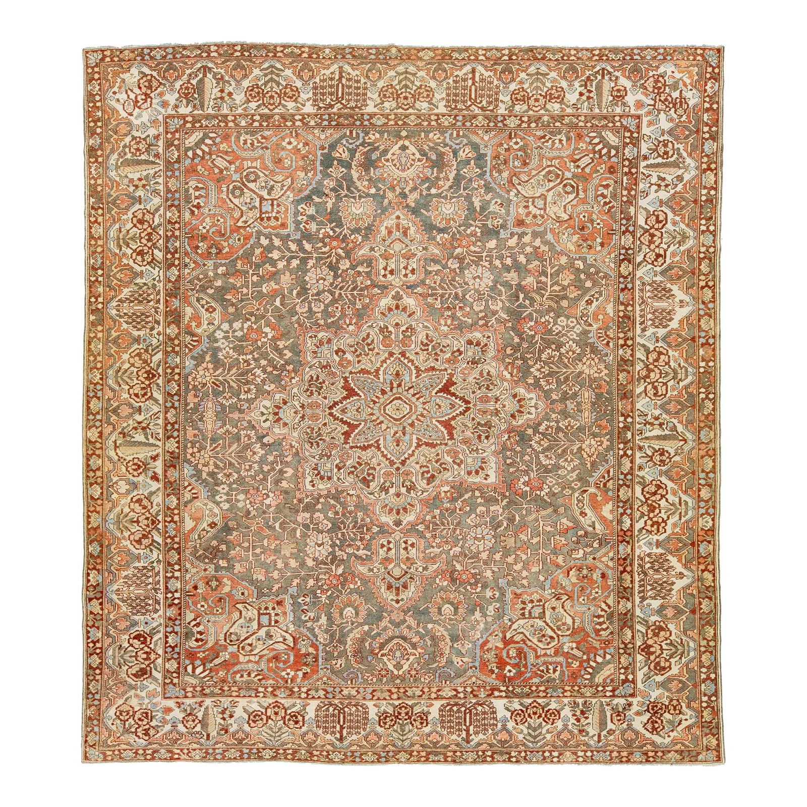 1920s Antique Bakhtiari Wool Rug Peach Medallion Design 12'3 x 13'9: 1920s Antique Bakhtiari Wool Rug Peach Medallion Design 12'3 x 13'9 This exquisite antique Bakhtiari rug, handcrafted in the 1920s, features a stunning gray color field adorned with a classic medallio