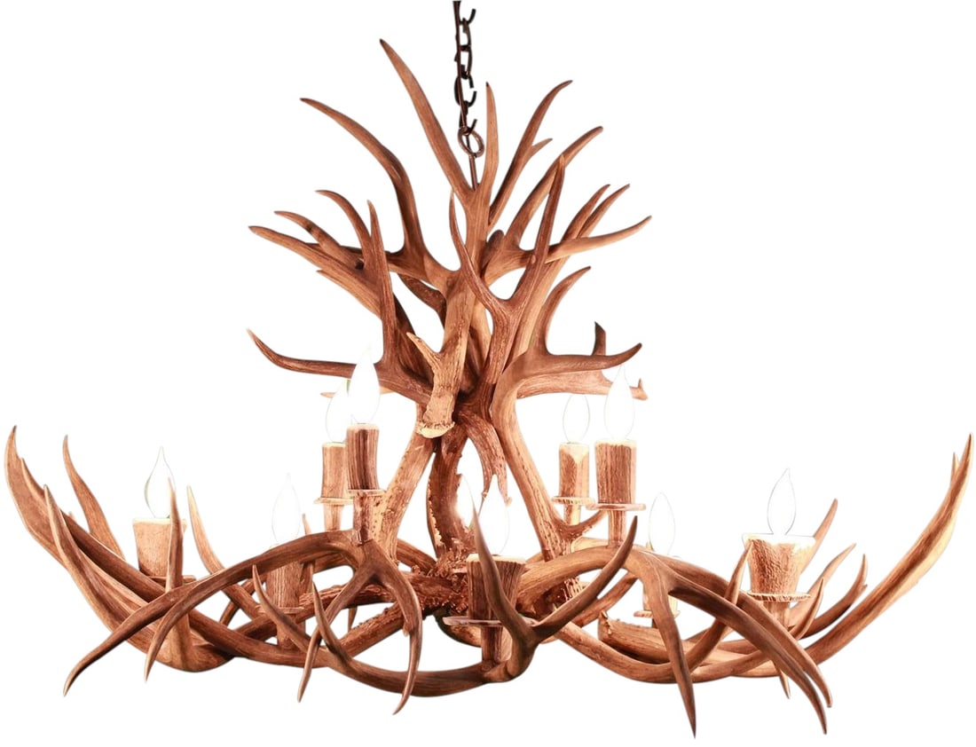 Customizable 10-Light Mule Deer Antler Chandelier Lodge Style: Customizable 10-Light Mule Deer Antler Chandelier Lodge Style Illuminate your space with a stunning Bowl Chandelier crafted from genuine Mule Deer antlers, showcasing a lodge style that perfectly comp