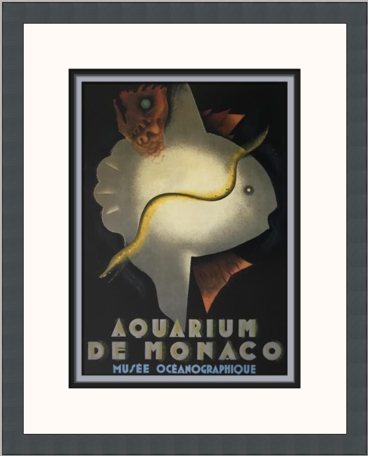 Jean Carlu Aquarium de Monaco Art Deco Advertising Print Framed 1998: Jean Carlu Aquarium de Monaco Art Deco Advertising Print Framed 1998 Elevate your decor with this striking custom framed advertising print titled "Aquarium de Monaco" by renowned artist Jean Carlu. Th