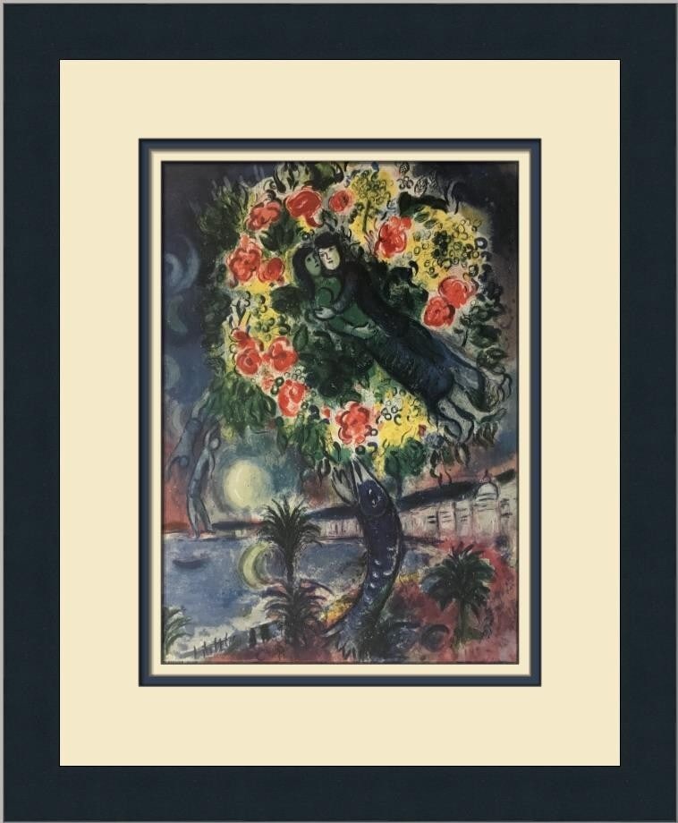 Marc Chagall The Lovers and Fish Custom Framed Art Print: Marc Chagall The Lovers and Fish Custom Framed Art Print This exquisite print titled 'The Lovers and Fish' by Marc Chagall features a modernist style that beautifully encapsulates the essence of conte