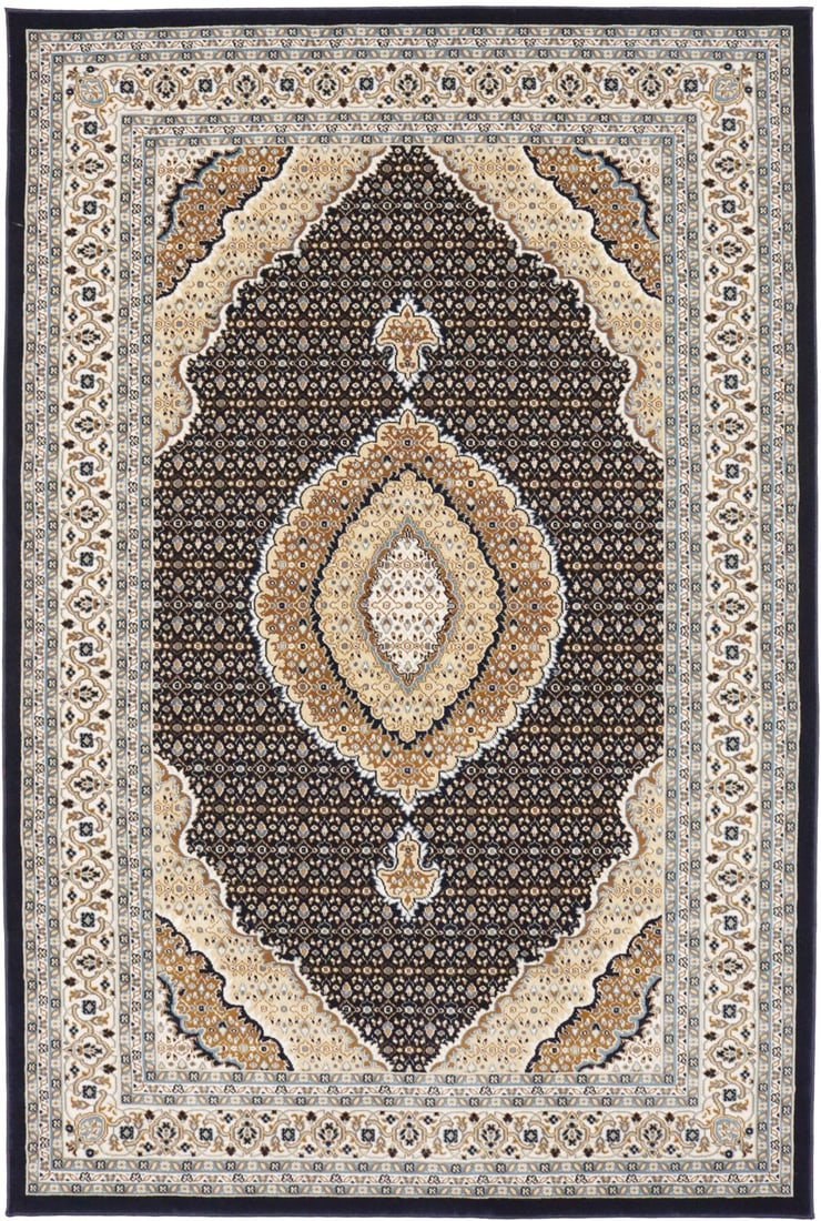 Navy Floral Polypropylene Rug 5'2 x 7'9 Machine Made Area Carpet: Navy Floral Polypropylene Rug 5'2 x 7'9 Machine Made Area Carpet This pre-owned machine-made Oriental rug features a classic floral pattern in navy, ivory, beige, light blue, and brown tones. Crafted