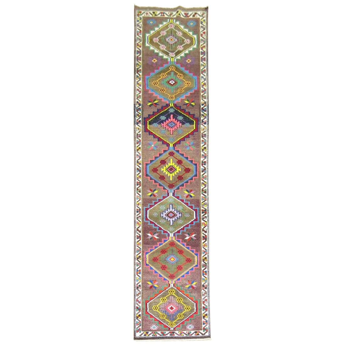 Vibrant Vintage Turkish Anatolian Runner 36 x 166 Hand-Woven Wool: Vibrant Vintage Turkish Anatolian Runner 36 x 166 Hand-Woven Wool This vibrant Turkish Anatolian runner features a stunning array of electric colors against a rich purple background, showcasing a uniq