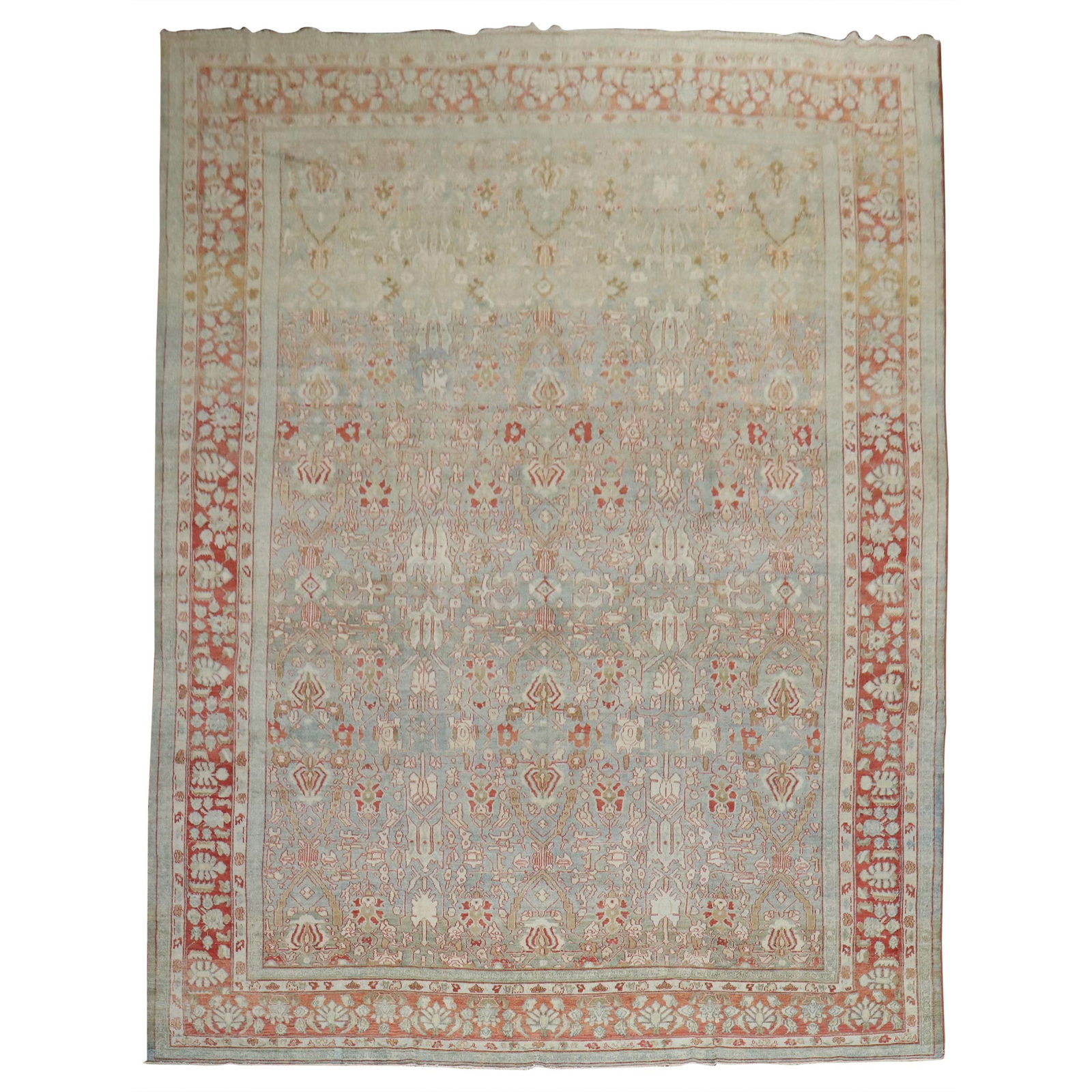 Antique Persian Bibikabad Rug 10'7 x 17'1 Gray Blue Wool Hand-Knotted: Antique Persian Bibikabad Rug 10'7 x 17'1 Gray Blue Wool Hand-Knotted This exquisite decorative oversize Persian Bibikabad rug features a captivating gray blue field complemented by a soft red border.