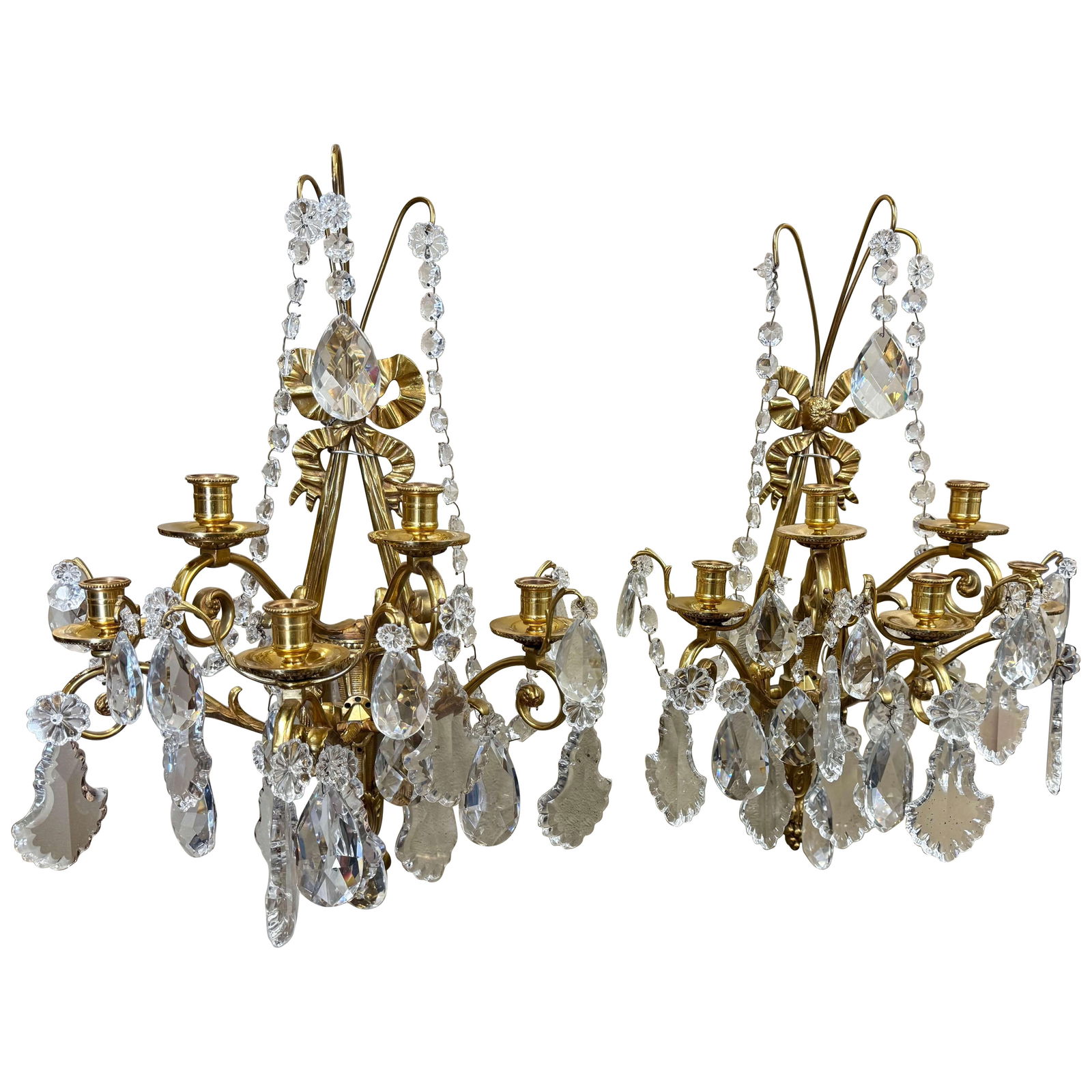 Set of Two French Bronze and Crystal Five Arm Louis XVI Wall Sconces: Set of Two French Bronze and Crystal Five Arm Louis XVI Wall Sconces This elegant pair of mid-century French Louis XVI style sconces features exquisite bronze dore and cut crystal detailing. Each hand