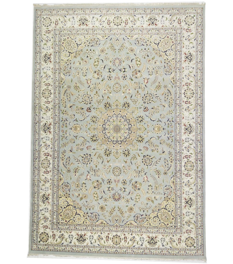 Handmade Floral Design Indo-Nain Wool Silk Area Rug 10x14ft: Handmade Floral Design Indo-Nain Wool Silk Area Rug 10x14ft Enhance your living space with this stunning Handmade Indo-Nain Oriental Rug featuring an allover floral design. This elegant area rug, perf