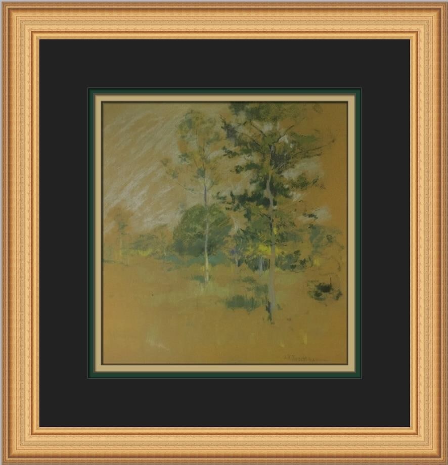 John H Twachtman Sunlit Landscape Custom Framed Print 14x14: John H Twachtman Sunlit Landscape Custom Framed Print 14x14 This exquisite print titled "Sunlit Landscape through the Trees" by artist John H Twachtman captures the essence of expressionism and impres