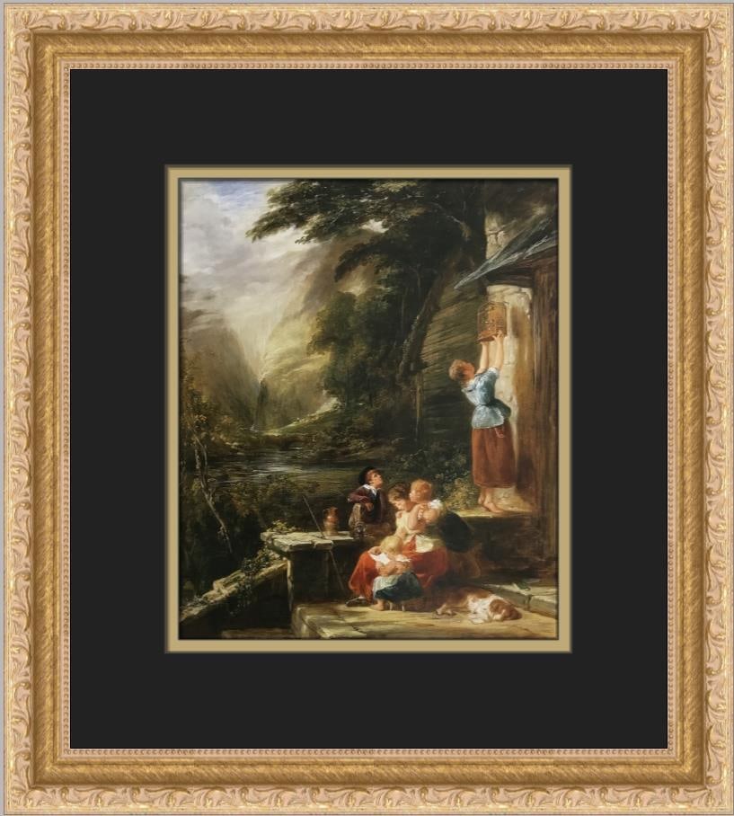 William Collins The Morning Lesson Framed Lithograph Print 14 x 13: William Collins The Morning Lesson Framed Lithograph Print 14 x 13 This exquisite custom framed print titled 'The Morning Lesson' by artist William Collins showcases a captivating realism style. Produ