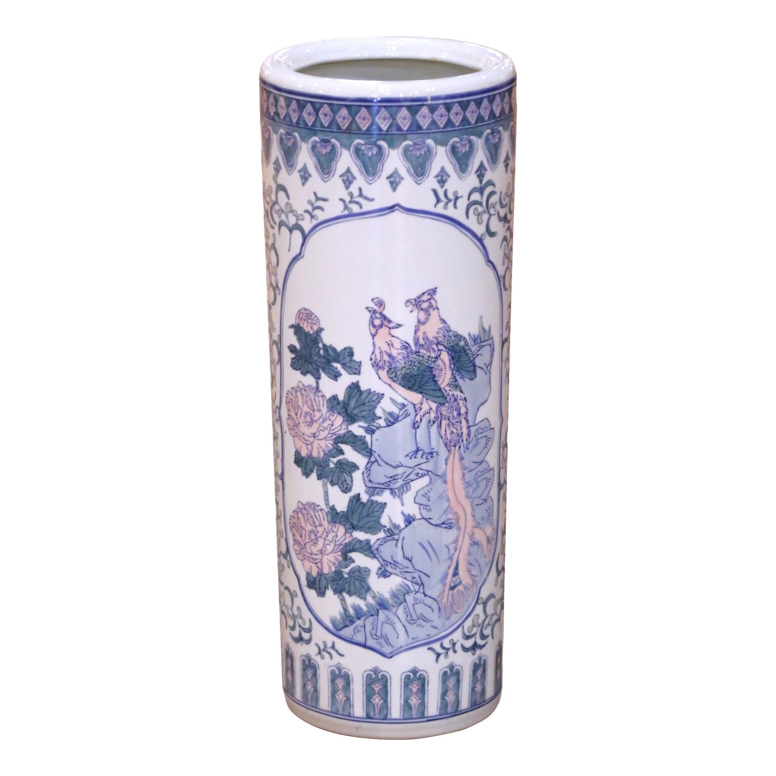 Chinese Porcelain Blue and White Hand-Painted Umbrella Stand Circa 1990: Chinese Porcelain Blue and White Hand-Painted Umbrella Stand Circa 1990 This late 20th century Chinese umbrella stand is crafted from hand-painted porcelain and features a classic cylindrical form. Th