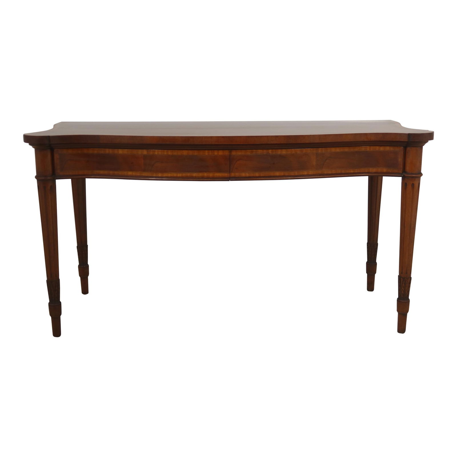 Arthur Brett English Mahogany Console Table with 2 Drawers: Arthur Brett English Mahogany Console Table with 2 Drawers This elegant English mahogany console server table features traditional craftsmanship with hand dovetailed drawer construction and intricate