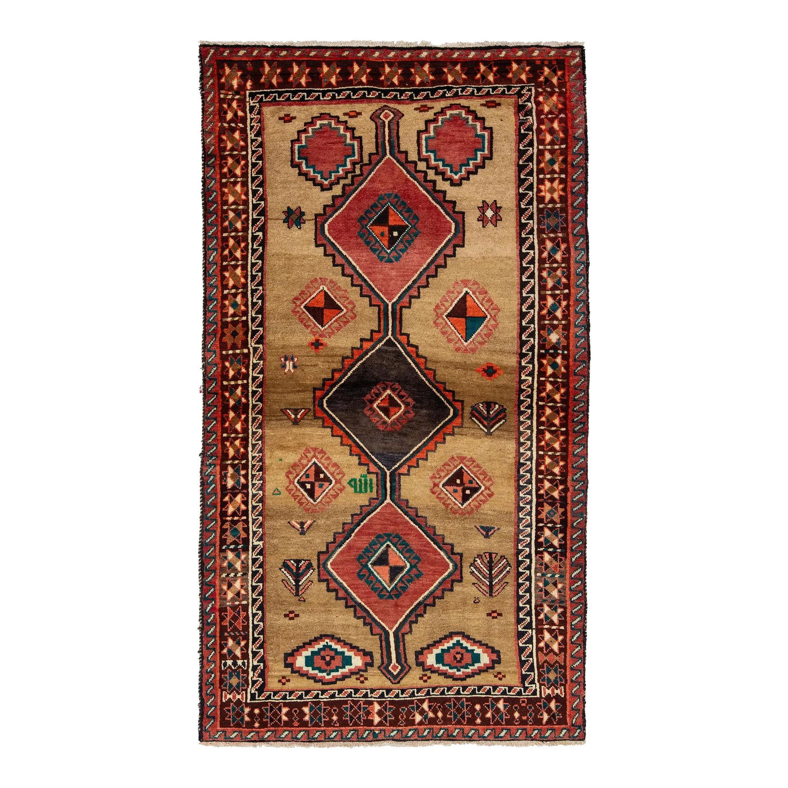 1940s Vintage Persian Shiraz Hand-Knotted Wool Rug Brown Geometric: 1940s Vintage Persian Shiraz Hand-Knotted Wool Rug Brown Geometric Discover the charm of this Vintage Persian Shiraz hand-knotted wool rug, a timeless piece from the 1940s. Featuring a rich brown fiel