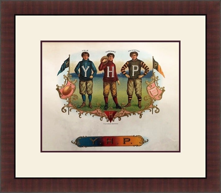 1920s Yale Harvard Princeton Cigar Label Art Custom Framed: 1920s Yale Harvard Princeton Cigar Label Art Custom Framed This exquisite reproduction of a 1920's cigar box label art features iconic institutions: Yale, Harvard, and Princeton. The image measures 11