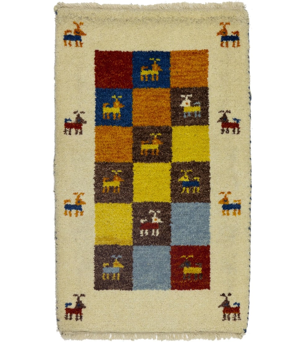 Handmade Indo-Gabbeh Tribal Wool Area Rug 1'7 x 2'7 ft Checkered Design: Handmade Indo-Gabbeh Tribal Wool Area Rug 1'7 x 2'7 ft Checkered Design Enhance your living space with this exquisite Handmade Indo-Gabbeh Oriental Rug. Measuring 1'7" x 2'7", this beautiful area rug