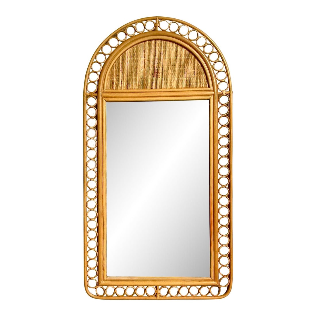 Arched Rattan Wall Mirror With Woven Crest and Scalloped Loop Frame: Arched Rattan Wall Mirror With Woven Crest and Scalloped Loop Frame This vintage arched wall mirror features a classic cathedral-style design framed by interlocking rattan loops, creating a graceful s