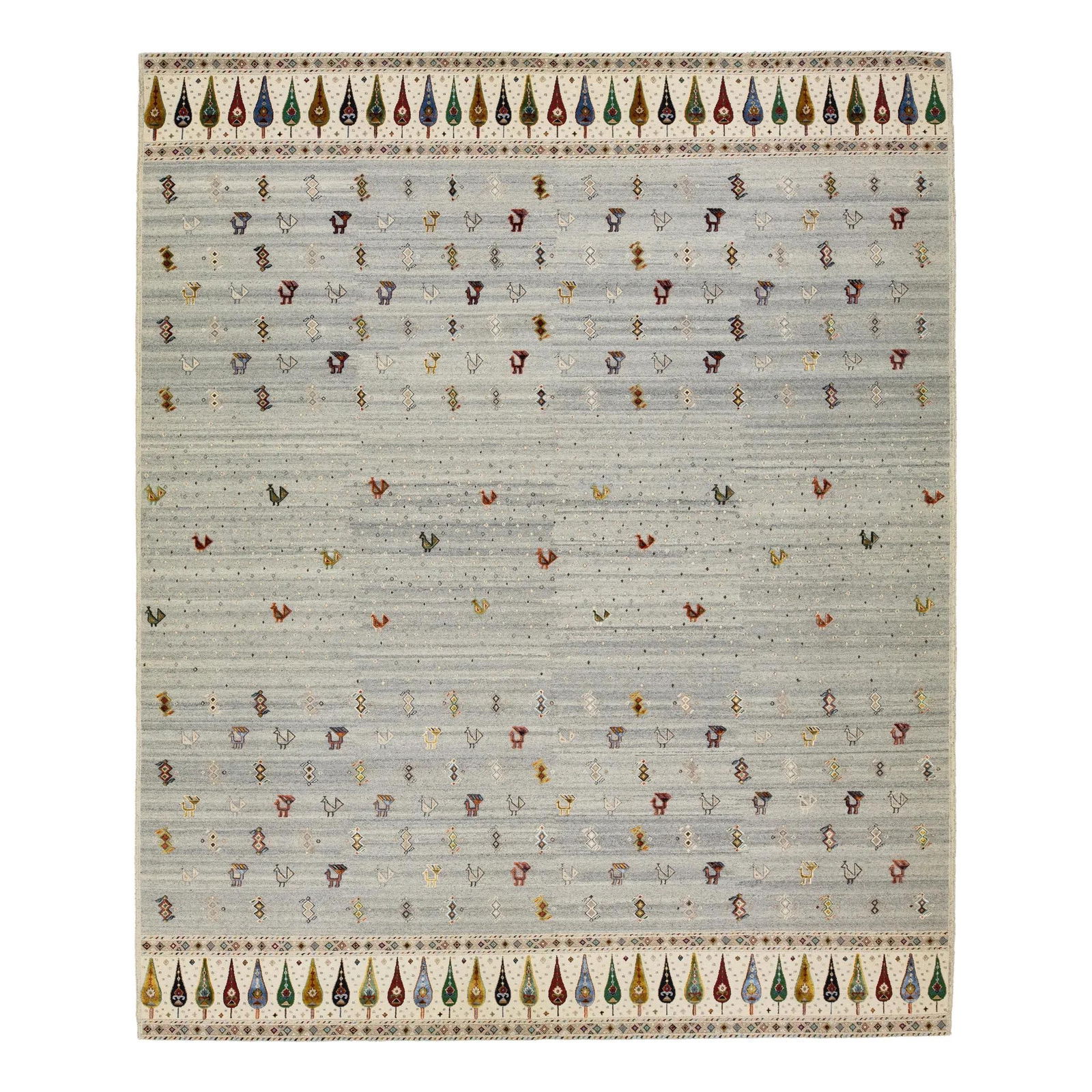 Hand-Knotted Modern Sumakh Wool Rug Gray Geometric Design 12'4 x 14'10: Hand-Knotted Modern Sumakh Wool Rug Gray Geometric Design 12'4 x 14'10 Enhance your space with this stunning hand-knotted modern Sumakh wool rug, featuring a soft gray field adorned with a vibrant, mu