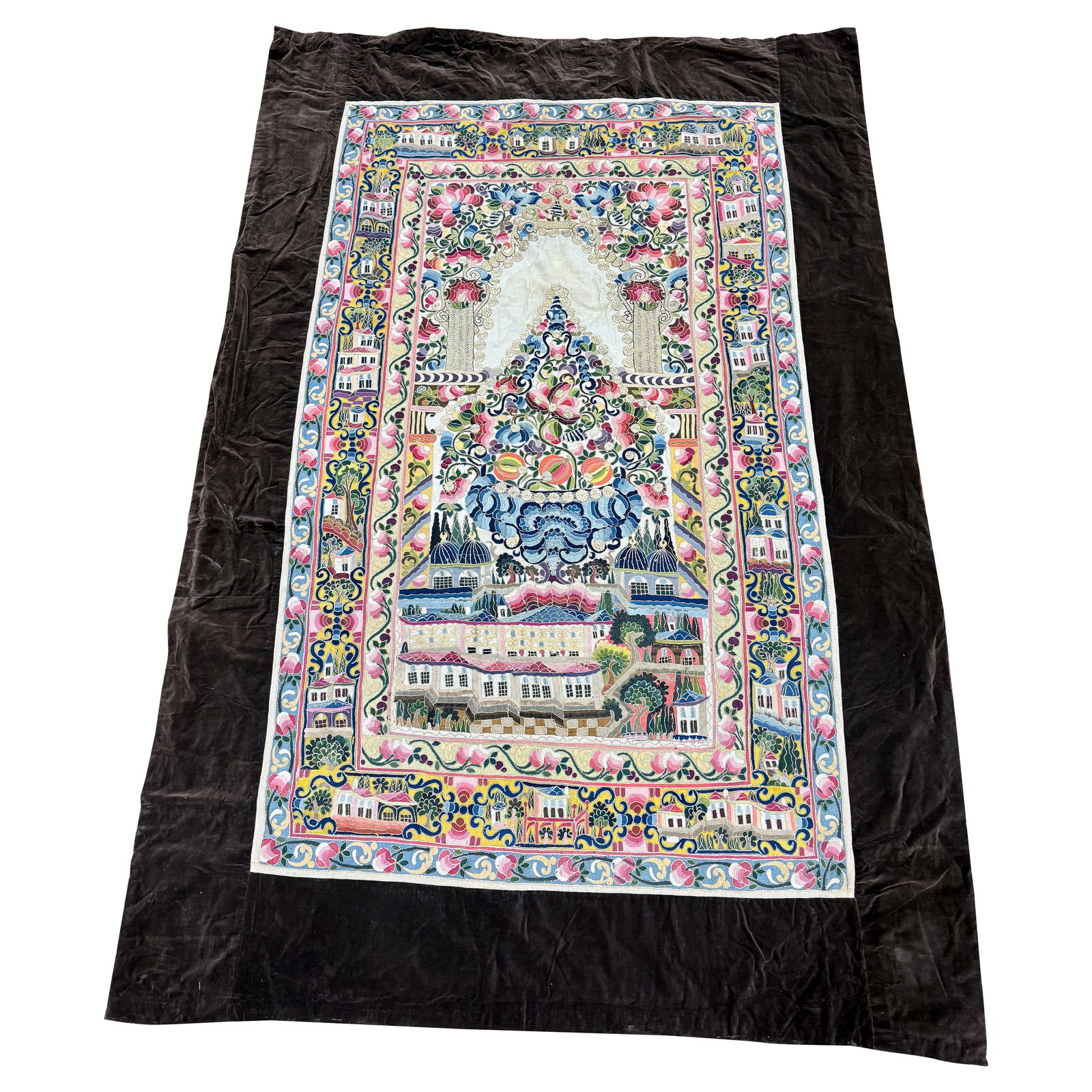 Ottoman Turkish Mihrab Embroidered Wall Tapestry with Velvet Border 1880-1920: Ottoman Turkish Mihrab Embroidered Wall Tapestry with Velvet Border 1880-1920 This late 19th to early 20th century Ottoman Turkish tapestry is designed as a mihrab prayer-arch hanging. It features sty