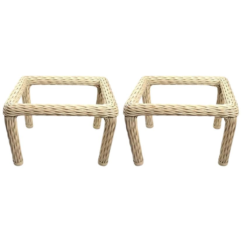 Stylish Vintage Woven Wicker Tables Pair Cream Color: Stylish Vintage Woven Wicker Tables Pair Cream Color This pair of vintage woven wicker tables showcases a modern style with a simple and unadorned form, offering a clean and stylish aesthetic. Please