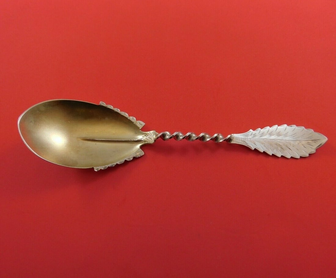 Gorham Leaf Sterling Silver Preserve Spoon Twisted Handle 6 3/4in: Gorham Leaf Sterling Silver Preserve Spoon Twisted Handle 6 3/4in Introducing the exquisite Leaf by Gorham Sterling Silver Preserve Spoon, featuring a beautifully twisted handle and a bright-cut desig