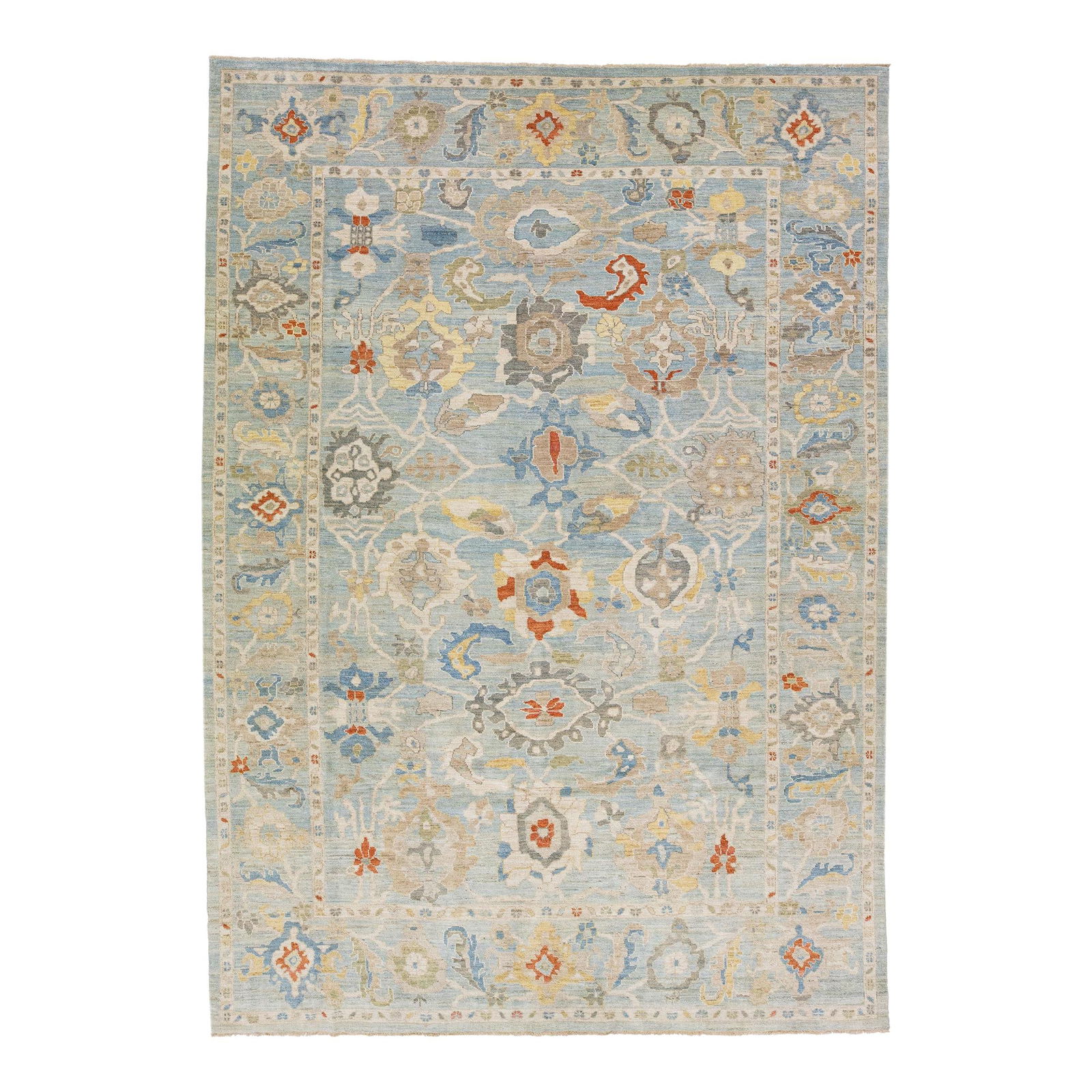 Handmade Blue Modern Sultanabad Wool Rug 10'2 x 14'4 Allover Floral Pattern: Handmade Blue Modern Sultanabad Wool Rug 10'2 x 14'4 Allover Floral Pattern This exquisite early 21st century handmade modern Sultanabad wool rug features a captivating blue color field adorned with a