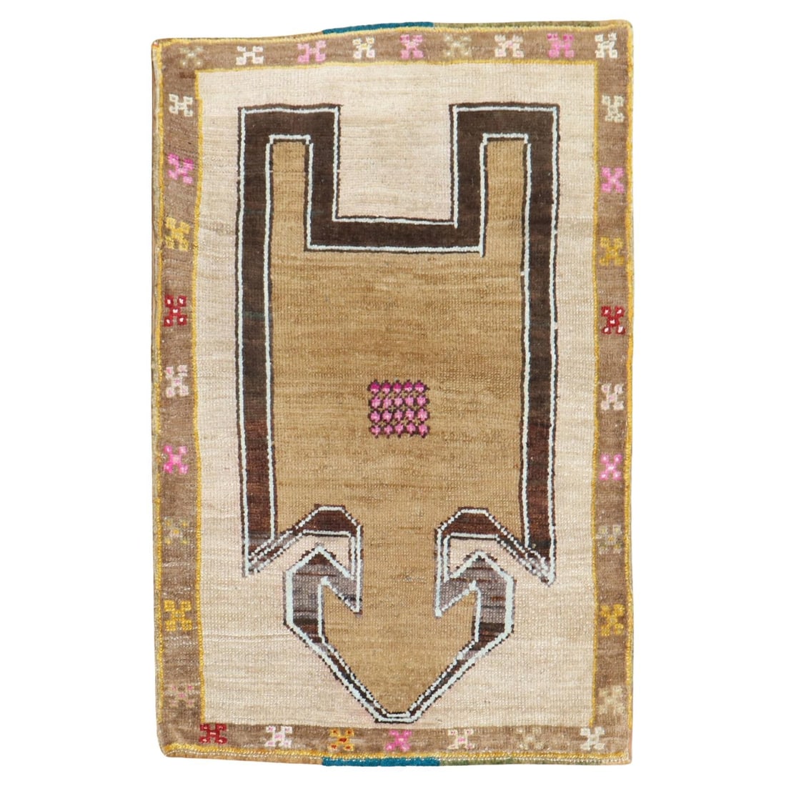 Mid-Century Modern Turkish Prayer Rug Wool Hand-Knotted 32 x 47: Mid-Century Modern Turkish Prayer Rug Wool Hand-Knotted 32 x 47 This vintage Turkish prayer rug is a striking piece that embodies the essence of Mid-Century Modern design. Hand-knotted from high-quali