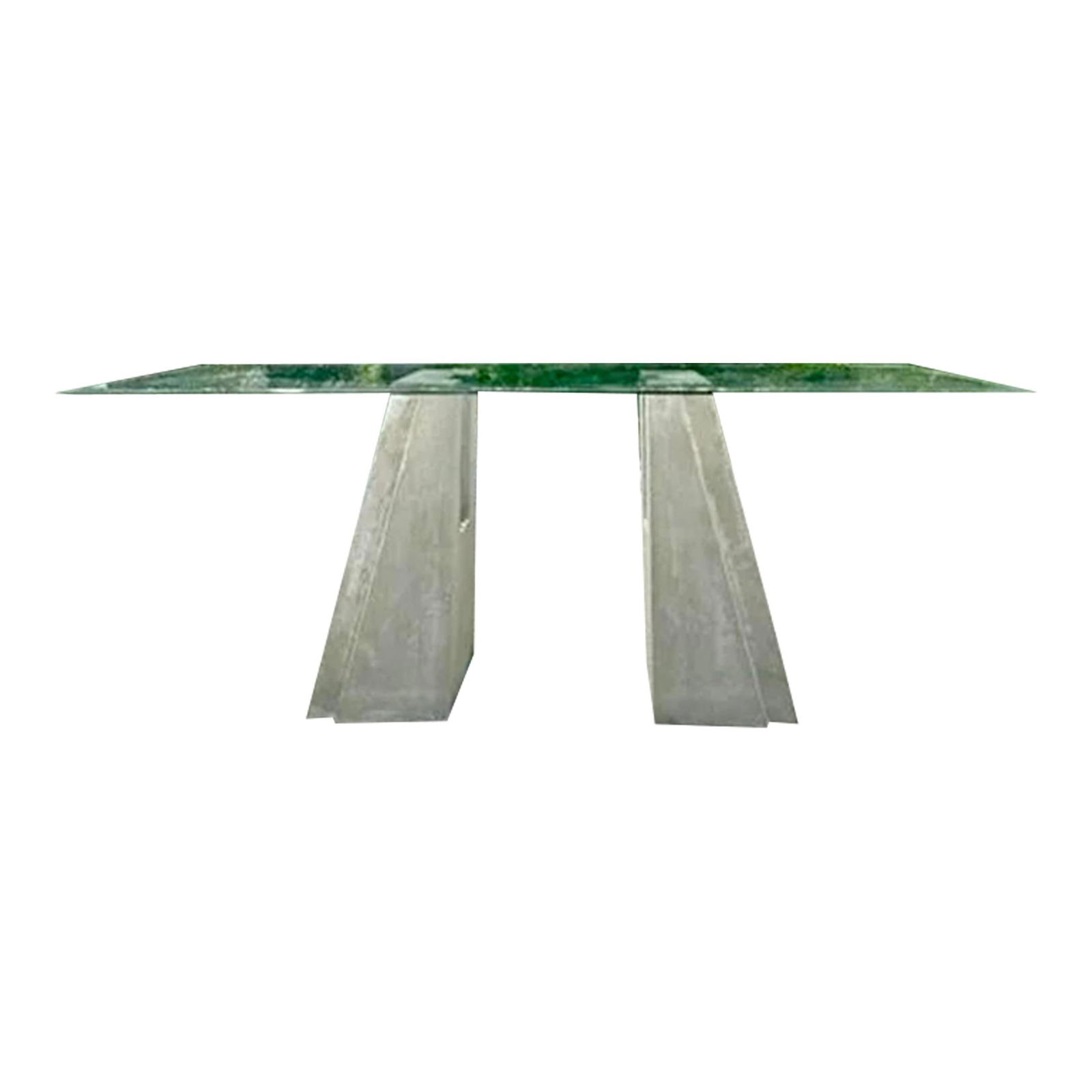 Vintage Boho Dining Table with Concrete Pedestals and Glass Top: Vintage Boho Dining Table with Concrete Pedestals and Glass Top This stunning vintage Boho dining table features a pair of elegant cast concrete pedestals designed in a chic Postmodern style. Perfectl